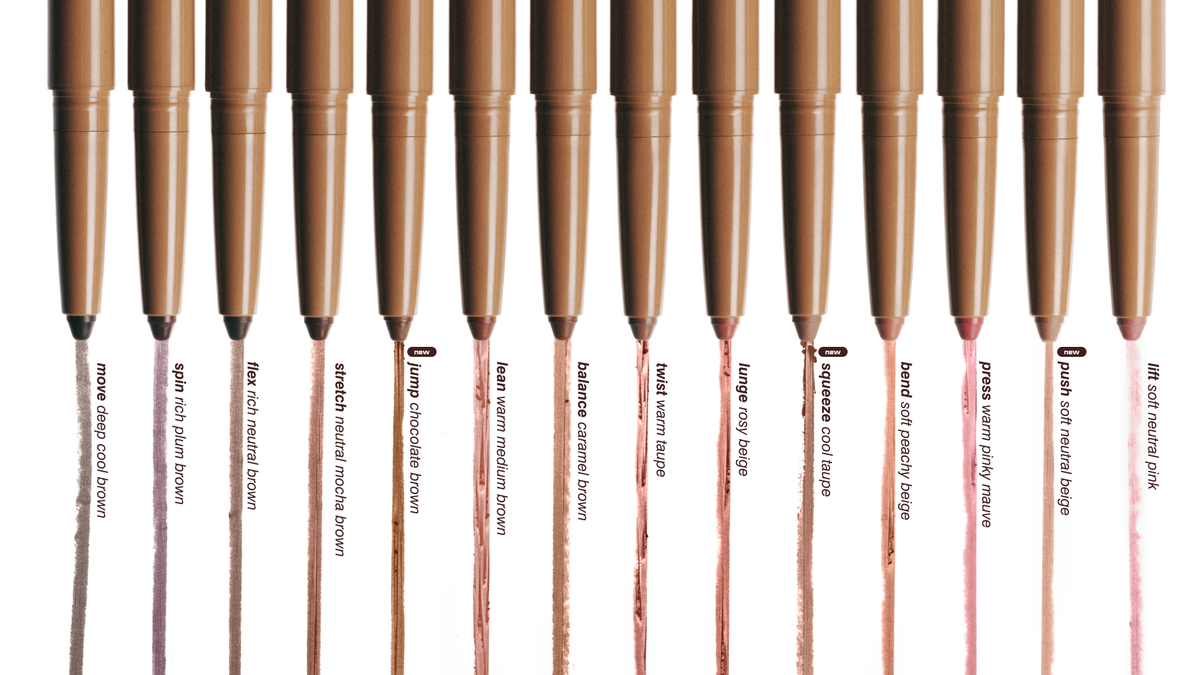 lift soft neutral pink, push soft neutral beige, press warm pinky mauve, bend soft peachy beige, squeeze cool taupe, lunge rosy beige, twist warm taupe, balance caramel brown, lean warm medium brown, jump chocolate brown, stretch neutral mocha brown, flex rich neutral brown, spin rich plum brown, move deep cool brown